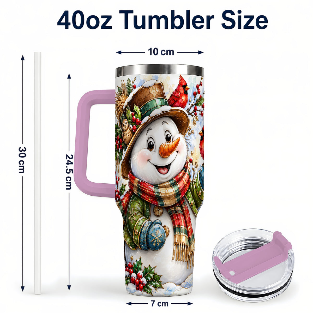 #pl[40oz|Pink] Snowman Cardinal 40oz Tumbler, Winter Stainless Steel Travel Cup