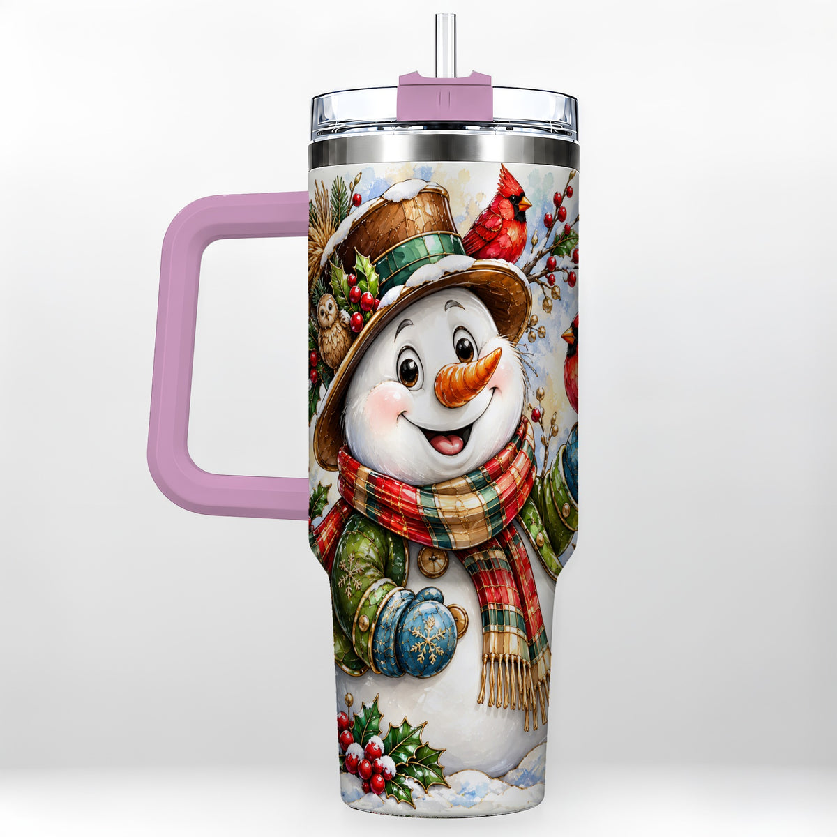 #pl[40oz|Pink] Snowman Cardinal 40oz Tumbler, Winter Stainless Steel Travel Cup