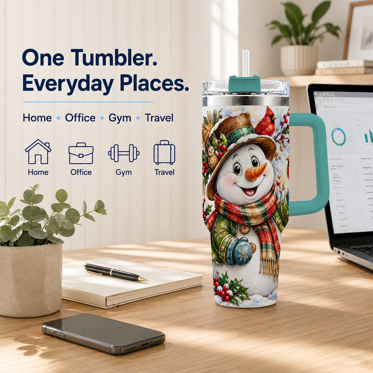 #pl[40oz|Green] Snowman Cardinal 40oz Tumbler, Winter Stainless Steel Travel Cup