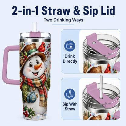#pl[40oz|Pink] Snowman Cardinal 40oz Tumbler, Winter Stainless Steel Travel Cup