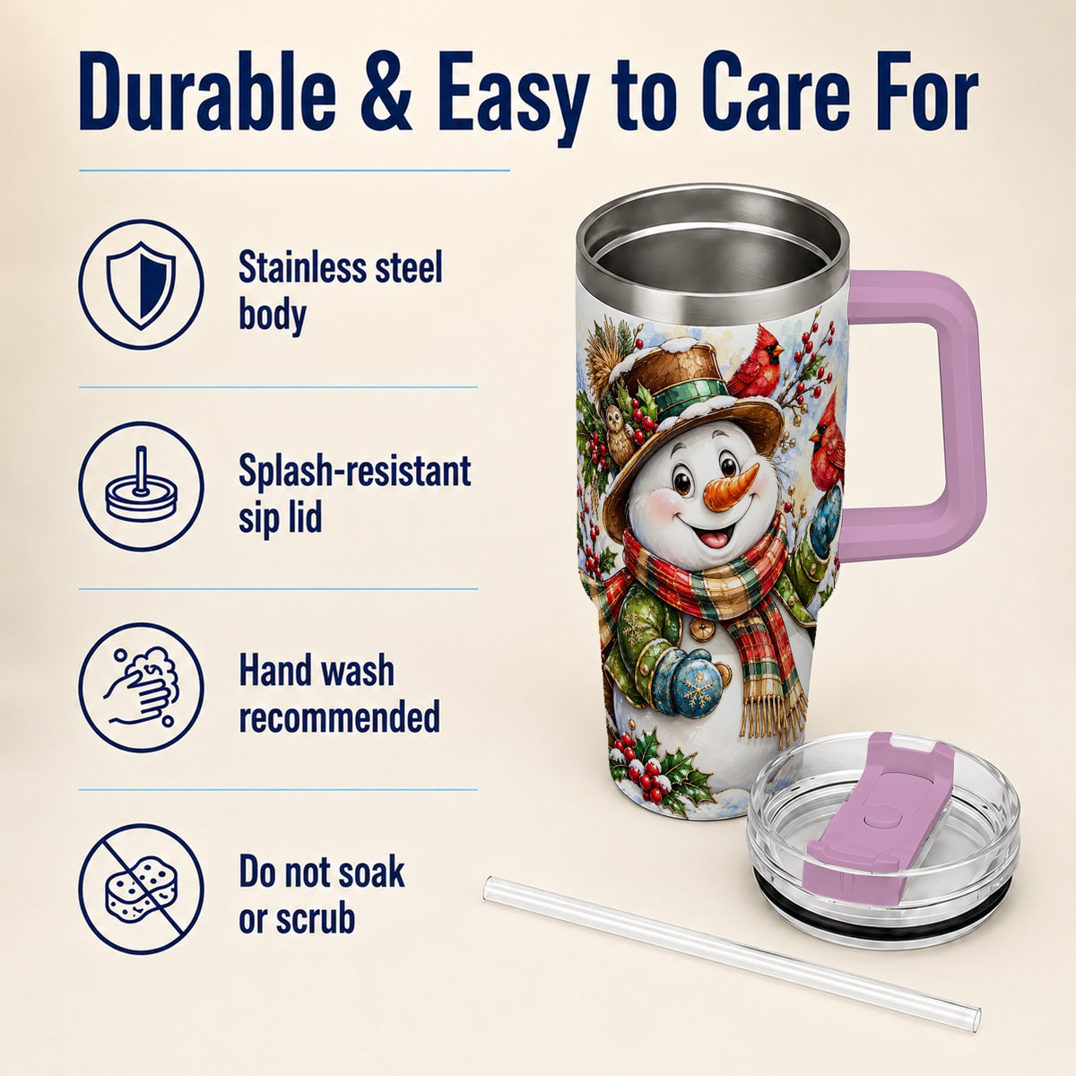 #pl[40oz|Pink] Snowman Cardinal 40oz Tumbler, Winter Stainless Steel Travel Cup