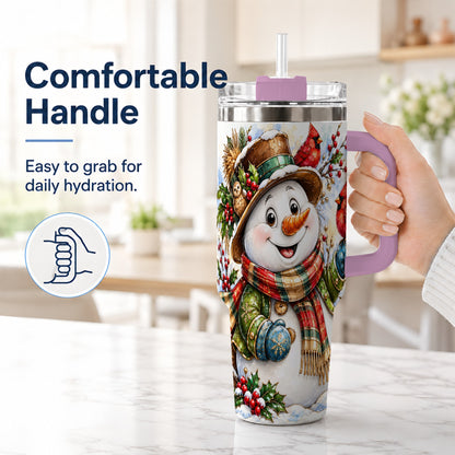 #pl[40oz|Pink] Snowman Cardinal 40oz Tumbler, Winter Stainless Steel Travel Cup