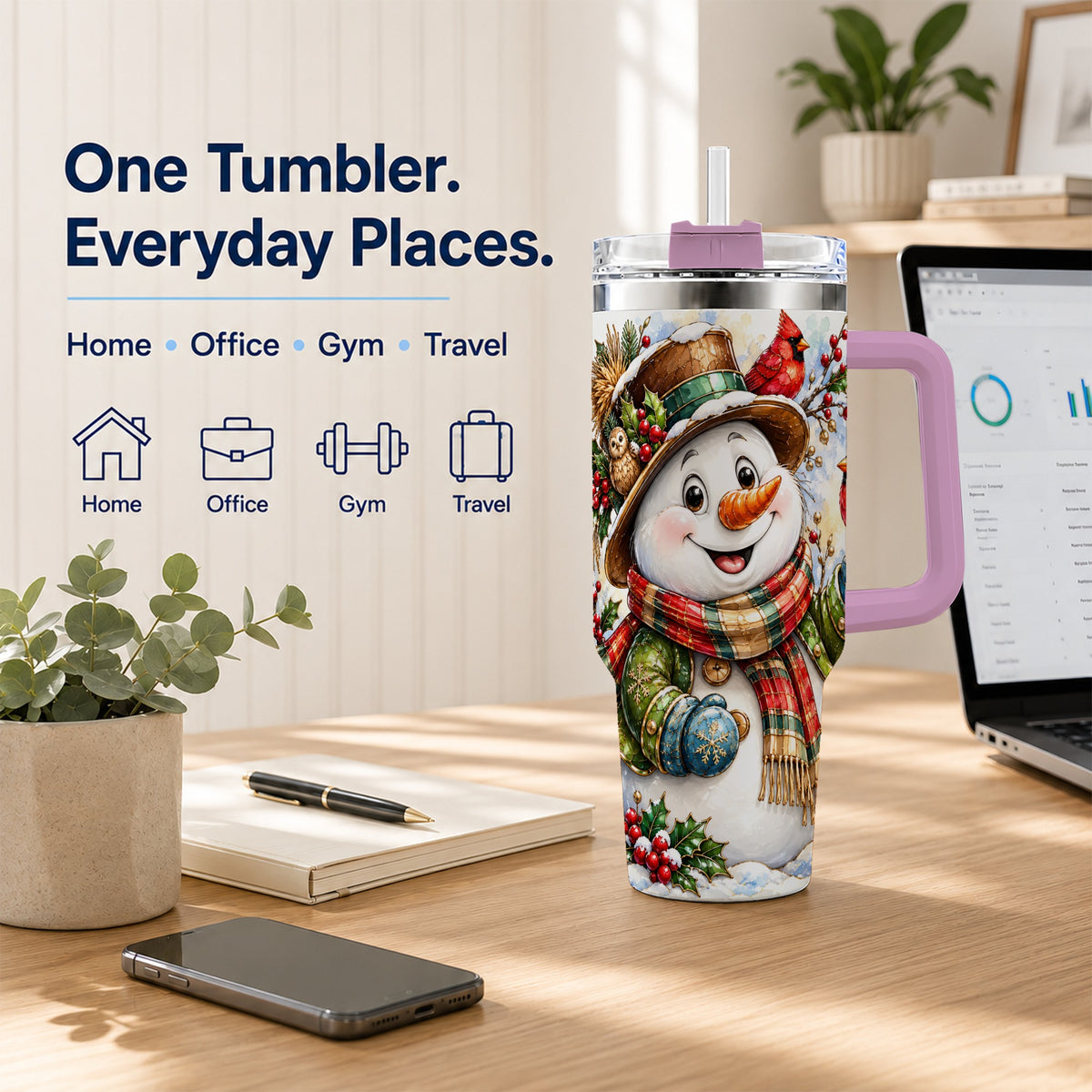 #pl[40oz|Pink] Snowman Cardinal 40oz Tumbler, Winter Stainless Steel Travel Cup