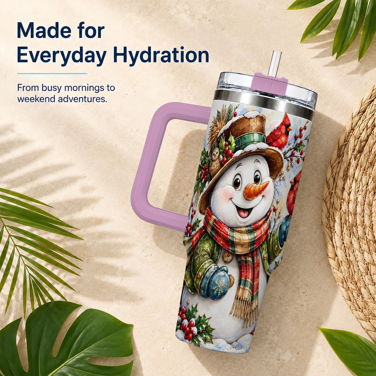 #pl[40oz|Pink] Snowman Cardinal 40oz Tumbler, Winter Stainless Steel Travel Cup