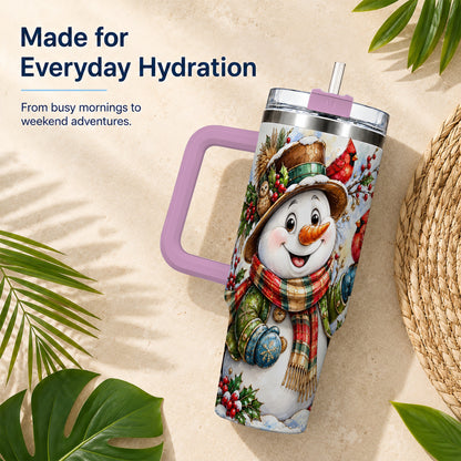 #pl[40oz|Pink] Snowman Cardinal 40oz Tumbler, Winter Stainless Steel Travel Cup