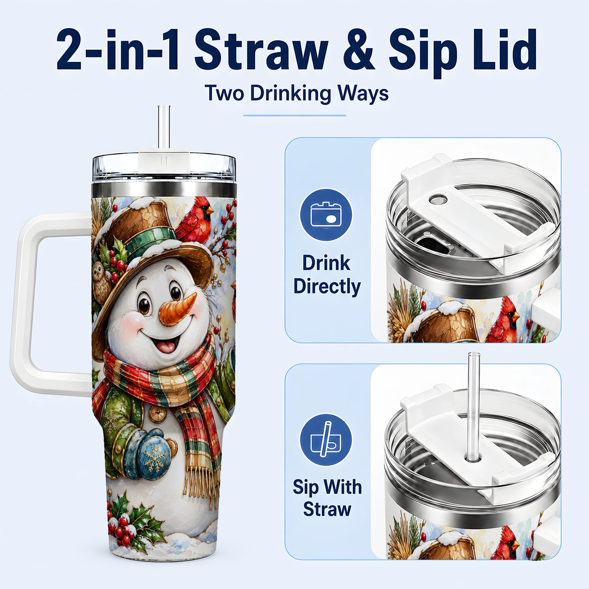 #pl[40oz|White] Snowman Cardinal 40oz Tumbler, Winter Stainless Steel Travel Cup