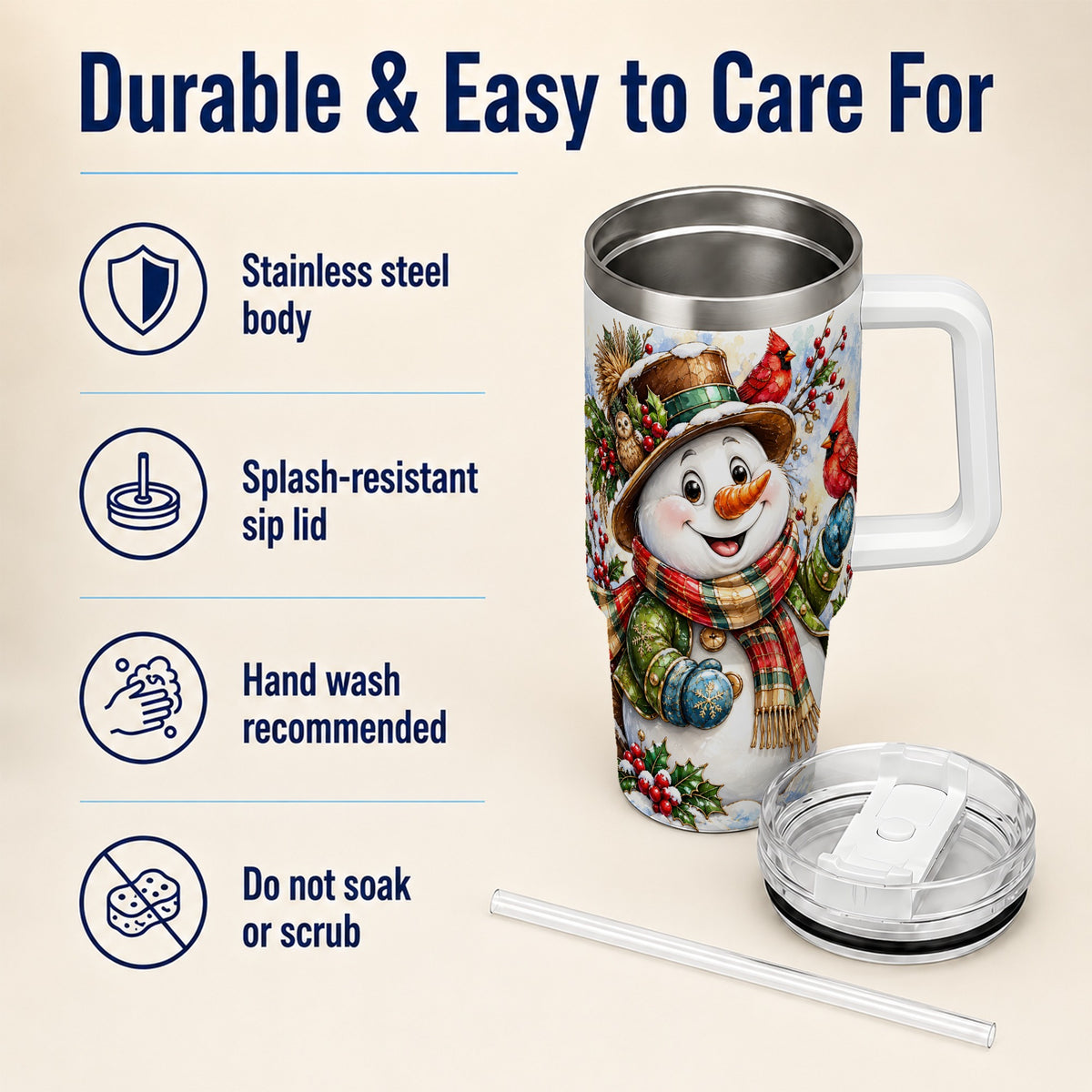 #pl[40oz|White] Snowman Cardinal 40oz Tumbler, Winter Stainless Steel Travel Cup