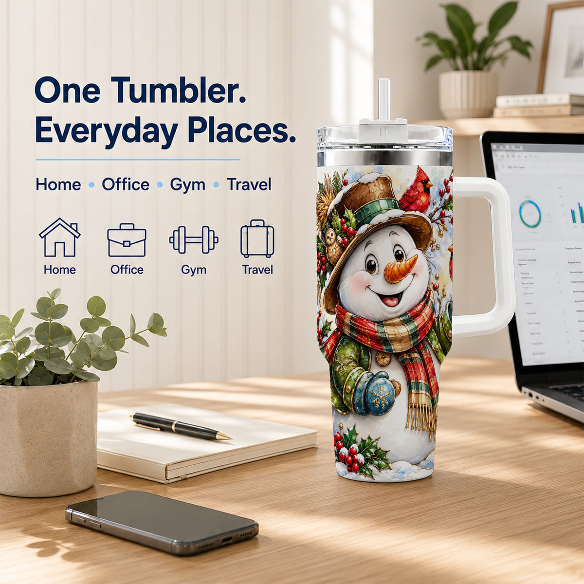 #pl[40oz|White] Snowman Cardinal 40oz Tumbler, Winter Stainless Steel Travel Cup
