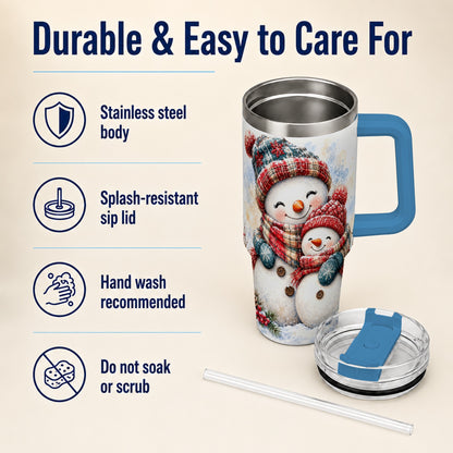 #pl[40oz|Blue] Snowman Family 40oz Tumbler, Cozy Winter Stainless Steel Travel Cup
