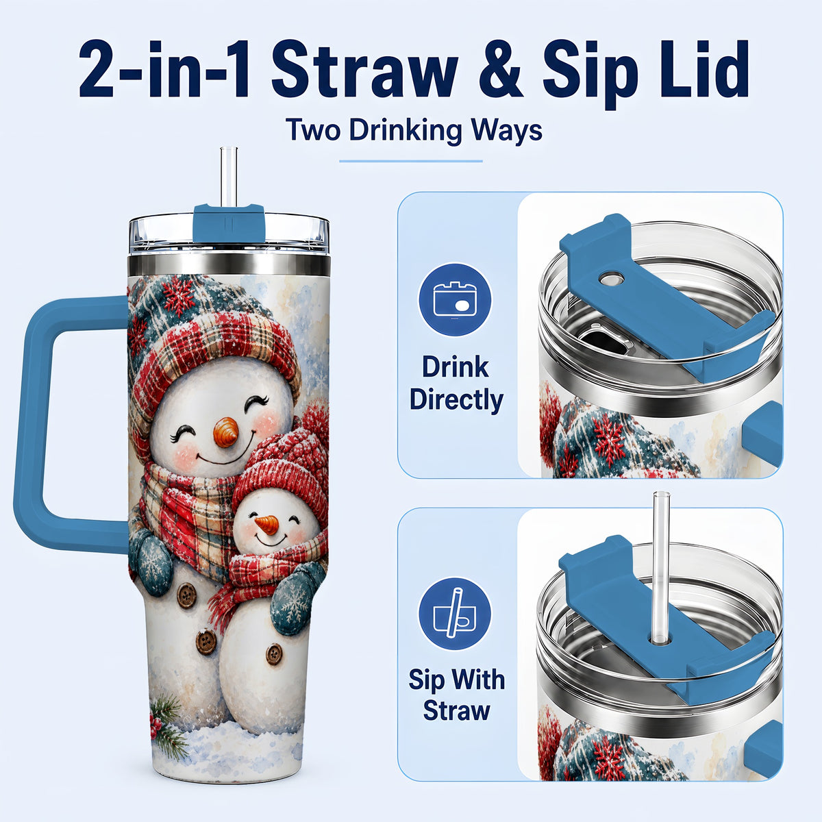 #pl[40oz|Blue] Snowman Family 40oz Tumbler, Cozy Winter Stainless Steel Travel Cup