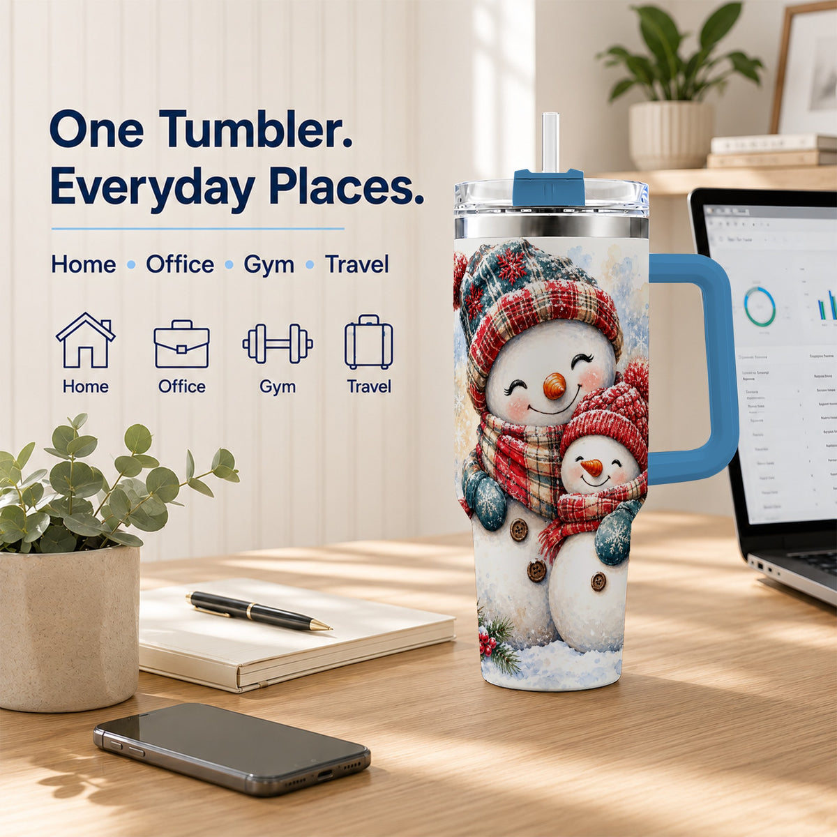 #pl[40oz|Blue] Snowman Family 40oz Tumbler, Cozy Winter Stainless Steel Travel Cup