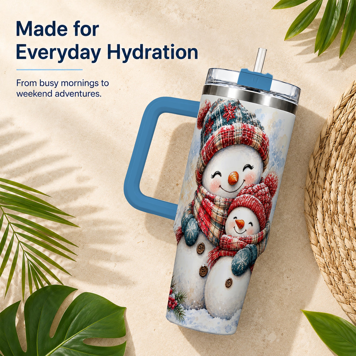 #pl[40oz|Blue] Snowman Family 40oz Tumbler, Cozy Winter Stainless Steel Travel Cup