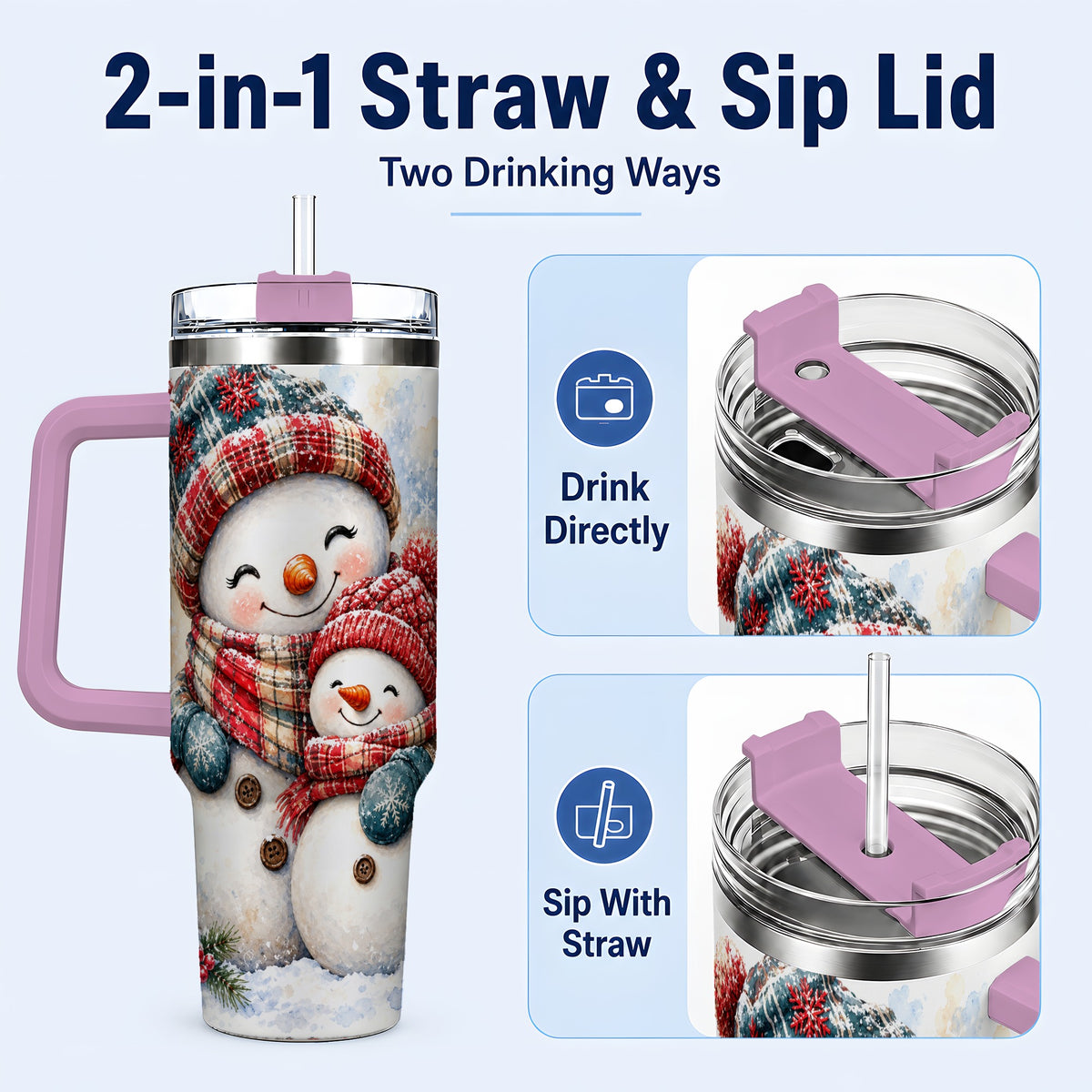 #pl[40oz|Pink] Snowman Family 40oz Tumbler, Cozy Winter Stainless Steel Travel Cup