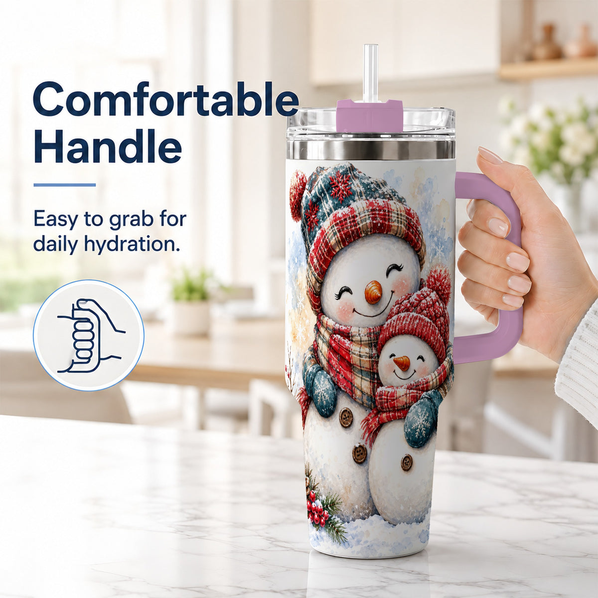 #pl[40oz|Pink] Snowman Family 40oz Tumbler, Cozy Winter Stainless Steel Travel Cup