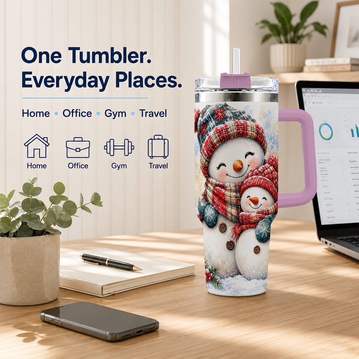 #pl[40oz|Pink] Snowman Family 40oz Tumbler, Cozy Winter Stainless Steel Travel Cup