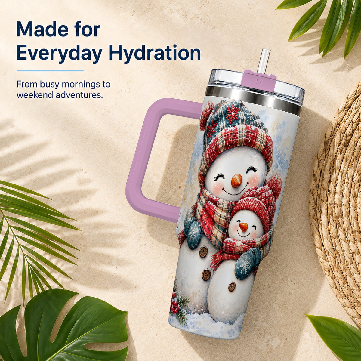 #pl[40oz|Pink] Snowman Family 40oz Tumbler, Cozy Winter Stainless Steel Travel Cup