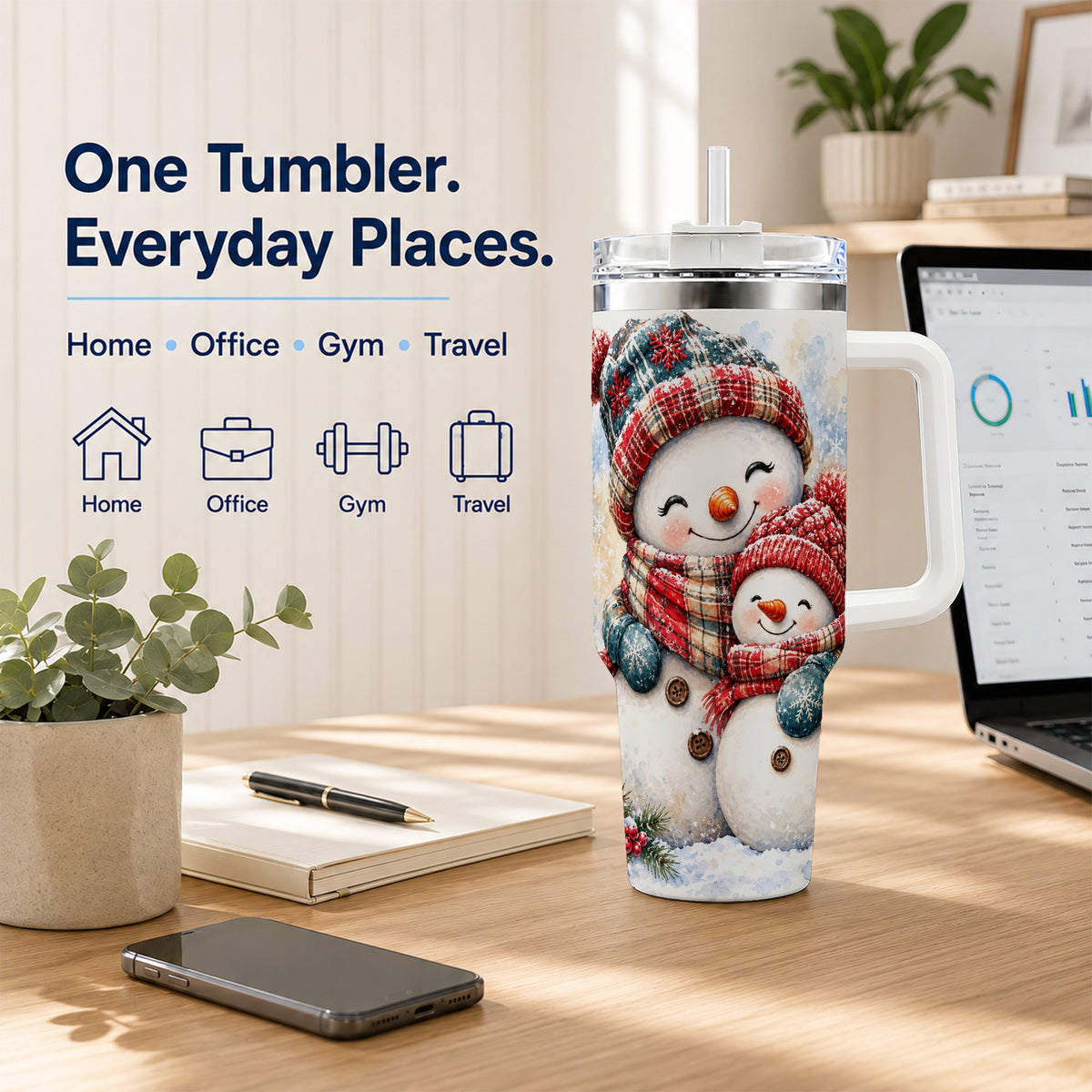 #pl[40oz|White] Snowman Family 40oz Tumbler, Cozy Winter Stainless Steel Travel Cup