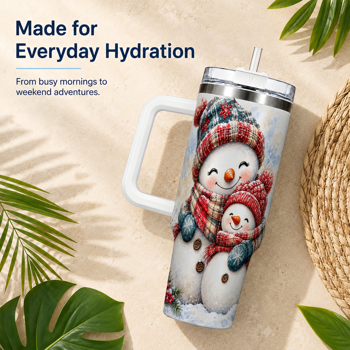 #pl[40oz|White] Snowman Family 40oz Tumbler, Cozy Winter Stainless Steel Travel Cup