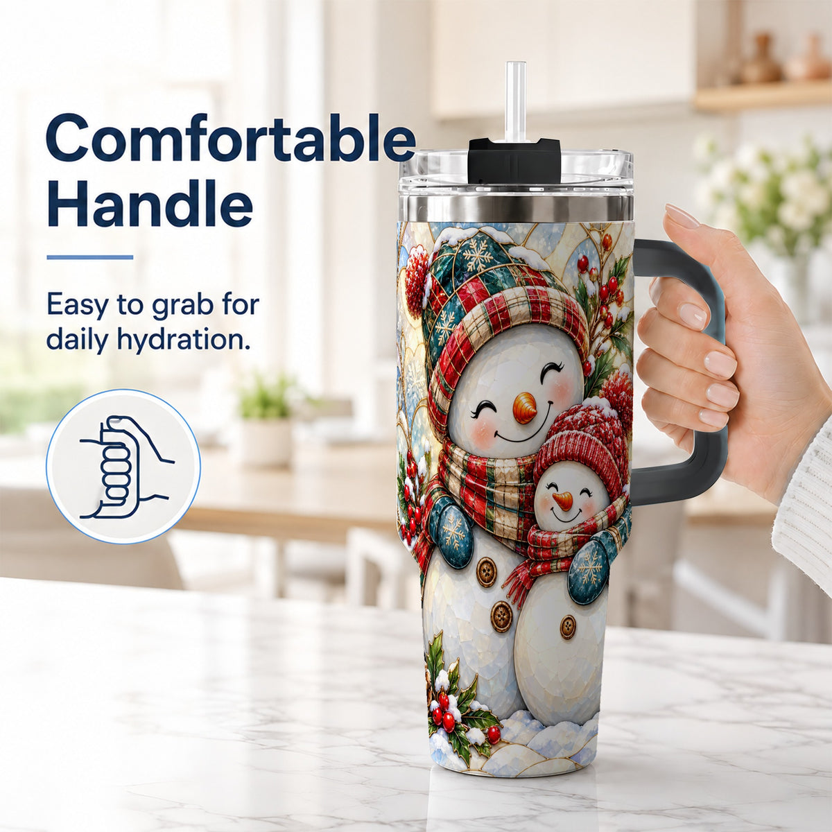 #pl[40oz|Black] Snowman Pair 40oz Tumbler, Mosaic Winter Stainless Steel Travel Cup