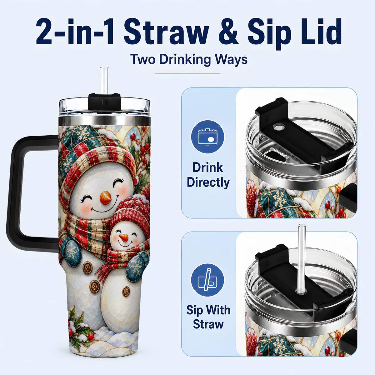 #pl[40oz|Black] Snowman Pair 40oz Tumbler, Mosaic Winter Stainless Steel Travel Cup