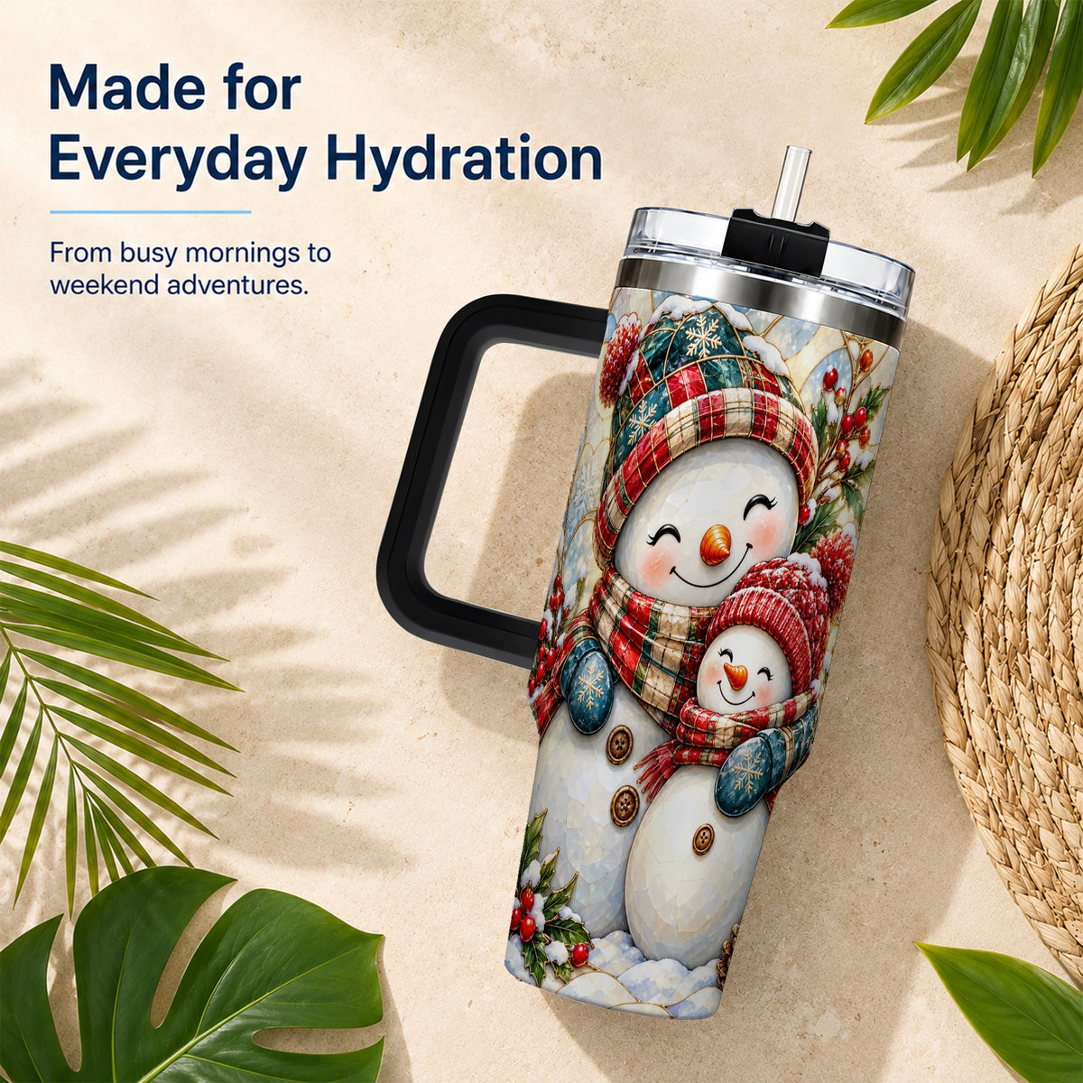 #pl[40oz|Black] Snowman Pair 40oz Tumbler, Mosaic Winter Stainless Steel Travel Cup