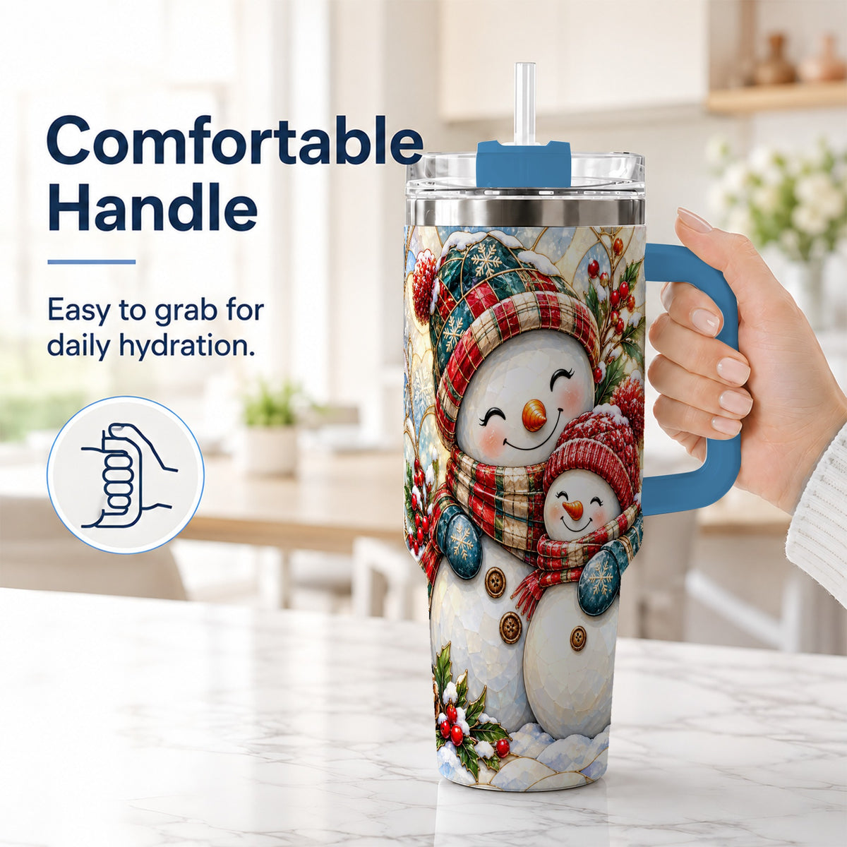 #pl[40oz|Blue] Snowman Pair 40oz Tumbler, Mosaic Winter Stainless Steel Travel Cup