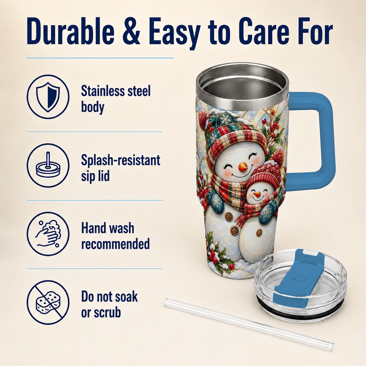#pl[40oz|Blue] Snowman Pair 40oz Tumbler, Mosaic Winter Stainless Steel Travel Cup