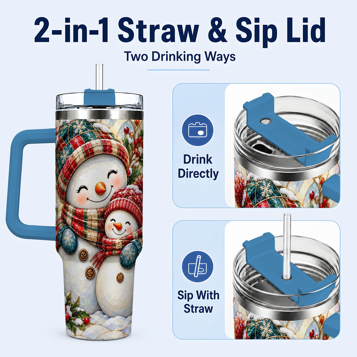 #pl[40oz|Blue] Snowman Pair 40oz Tumbler, Mosaic Winter Stainless Steel Travel Cup