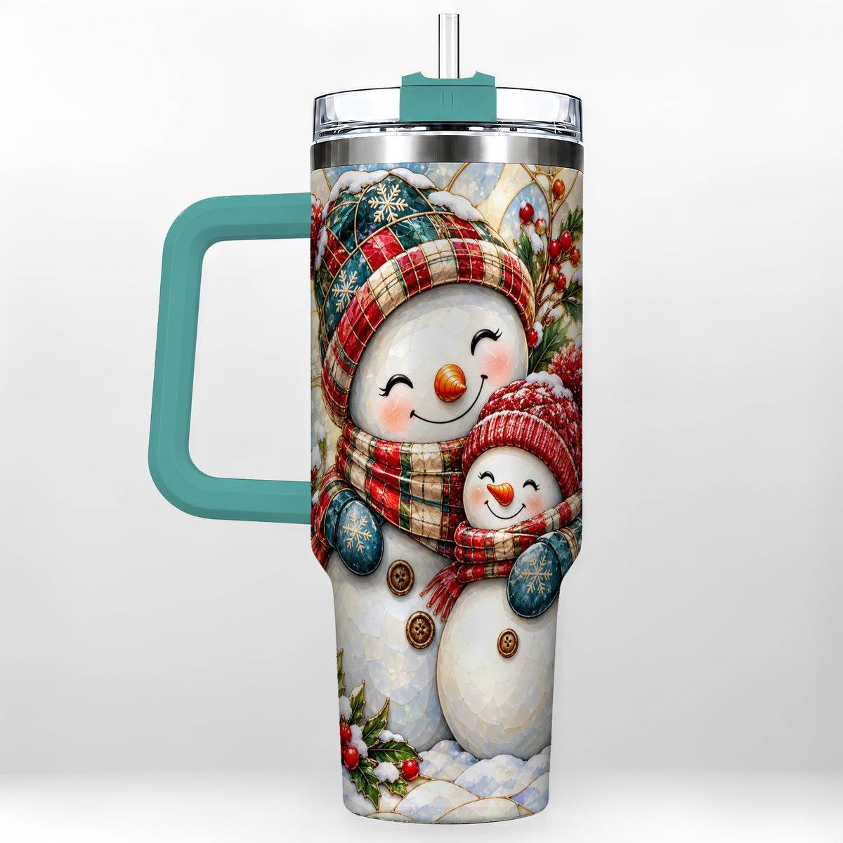 #pl[40oz|Green] Snowman Pair 40oz Tumbler, Mosaic Winter Stainless Steel Travel Cup