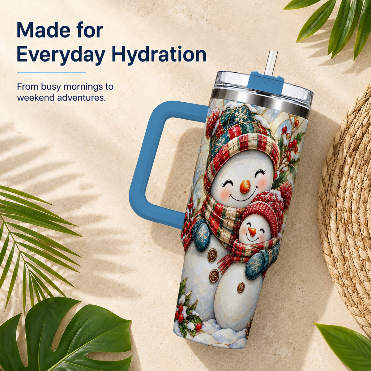 #pl[40oz|Blue] Snowman Pair 40oz Tumbler, Mosaic Winter Stainless Steel Travel Cup