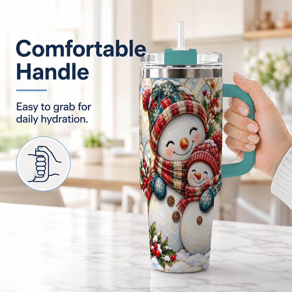 #pl[40oz|Green] Snowman Pair 40oz Tumbler, Mosaic Winter Stainless Steel Travel Cup