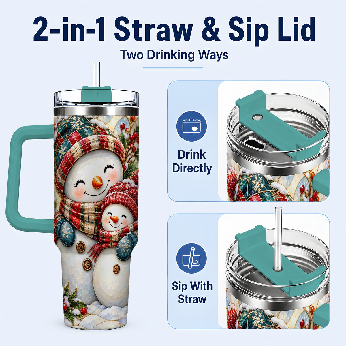 #pl[40oz|Green] Snowman Pair 40oz Tumbler, Mosaic Winter Stainless Steel Travel Cup