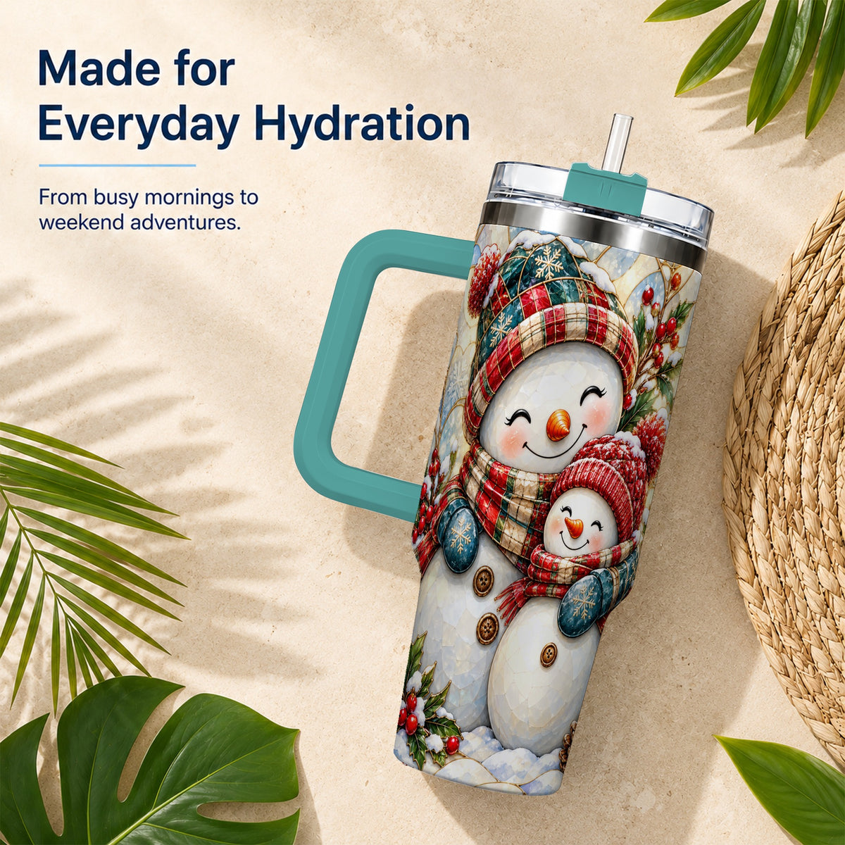 #pl[40oz|Green] Snowman Pair 40oz Tumbler, Mosaic Winter Stainless Steel Travel Cup