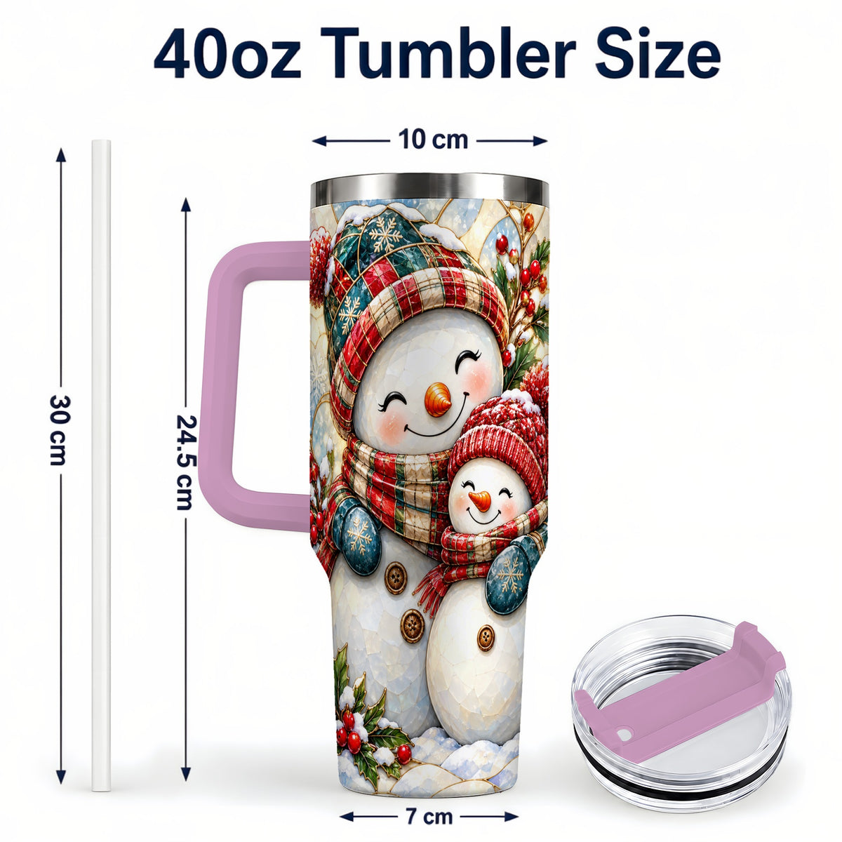 #pl[40oz|Pink] Snowman Pair 40oz Tumbler, Mosaic Winter Stainless Steel Travel Cup