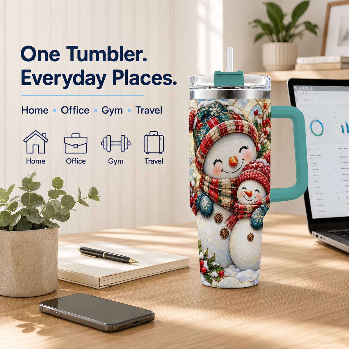 #pl[40oz|Green] Snowman Pair 40oz Tumbler, Mosaic Winter Stainless Steel Travel Cup
