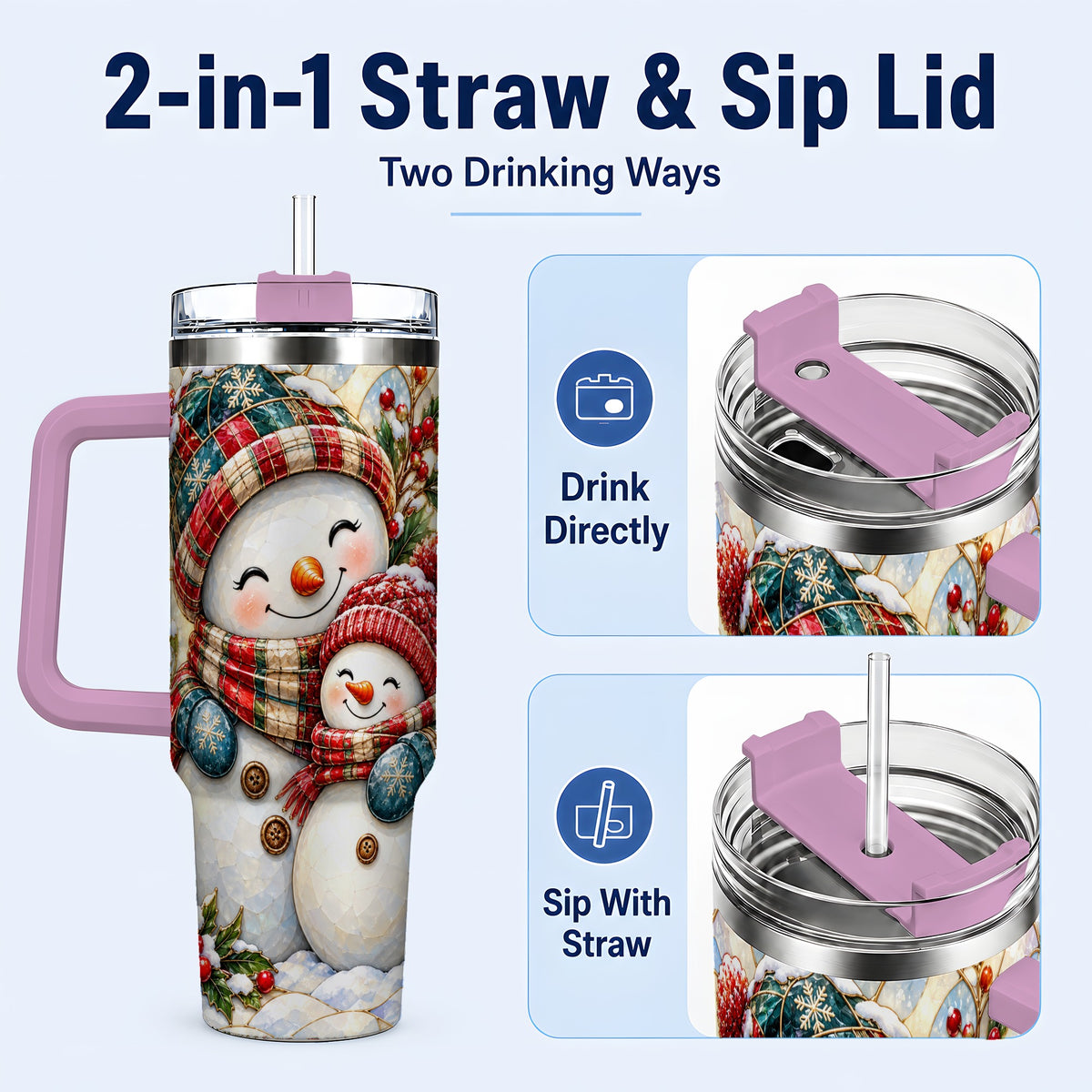 #pl[40oz|Pink] Snowman Pair 40oz Tumbler, Mosaic Winter Stainless Steel Travel Cup