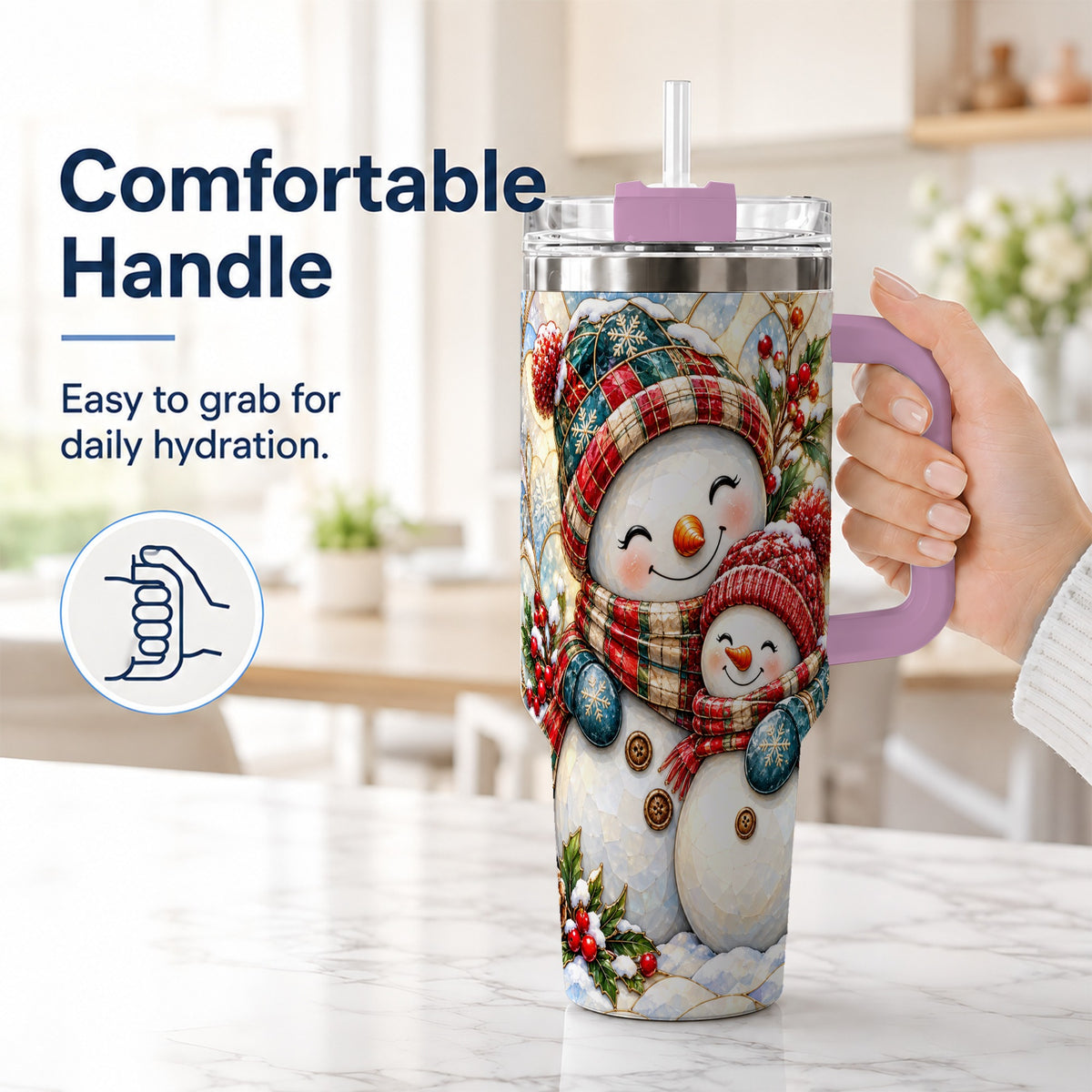 #pl[40oz|Pink] Snowman Pair 40oz Tumbler, Mosaic Winter Stainless Steel Travel Cup