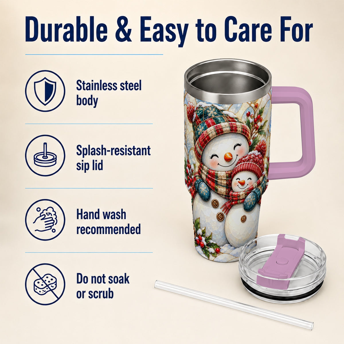 #pl[40oz|Pink] Snowman Pair 40oz Tumbler, Mosaic Winter Stainless Steel Travel Cup
