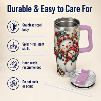#pl[40oz|Pink] Snowman Pair 40oz Tumbler, Mosaic Winter Stainless Steel Travel Cup