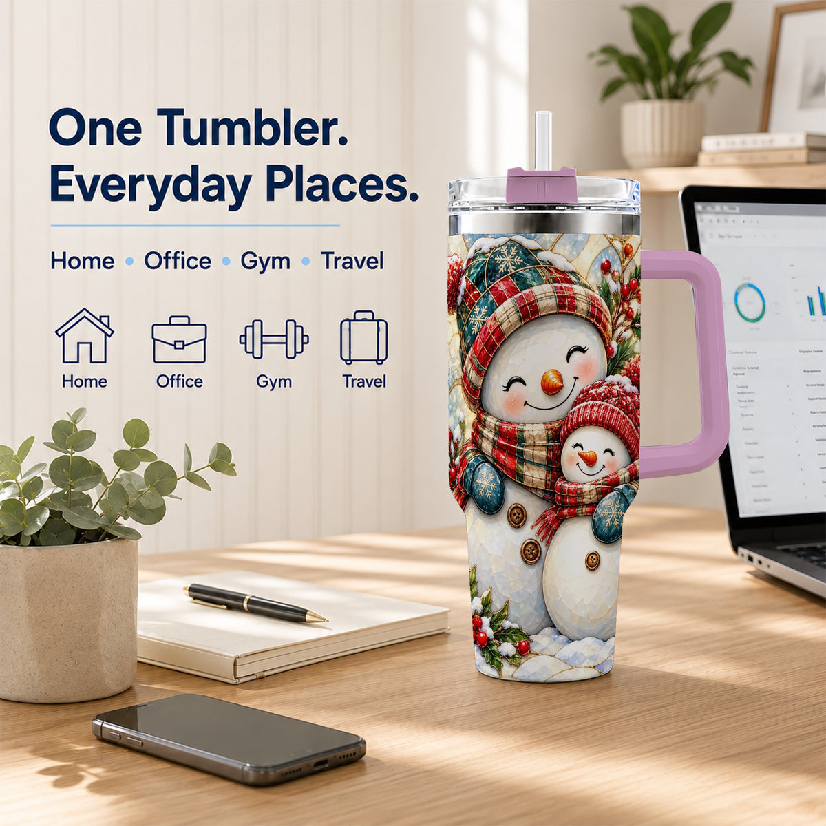 #pl[40oz|Pink] Snowman Pair 40oz Tumbler, Mosaic Winter Stainless Steel Travel Cup