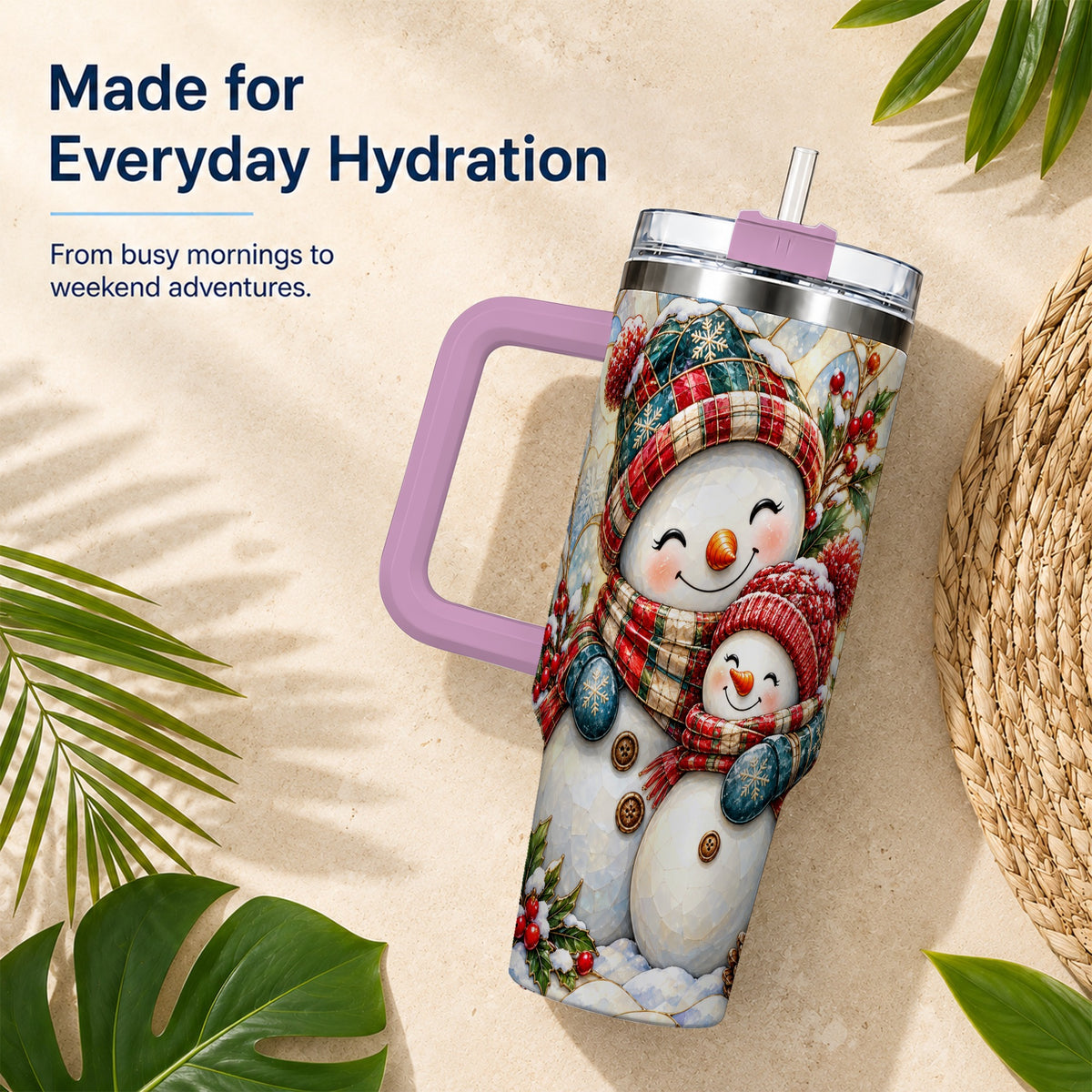 #pl[40oz|Pink] Snowman Pair 40oz Tumbler, Mosaic Winter Stainless Steel Travel Cup