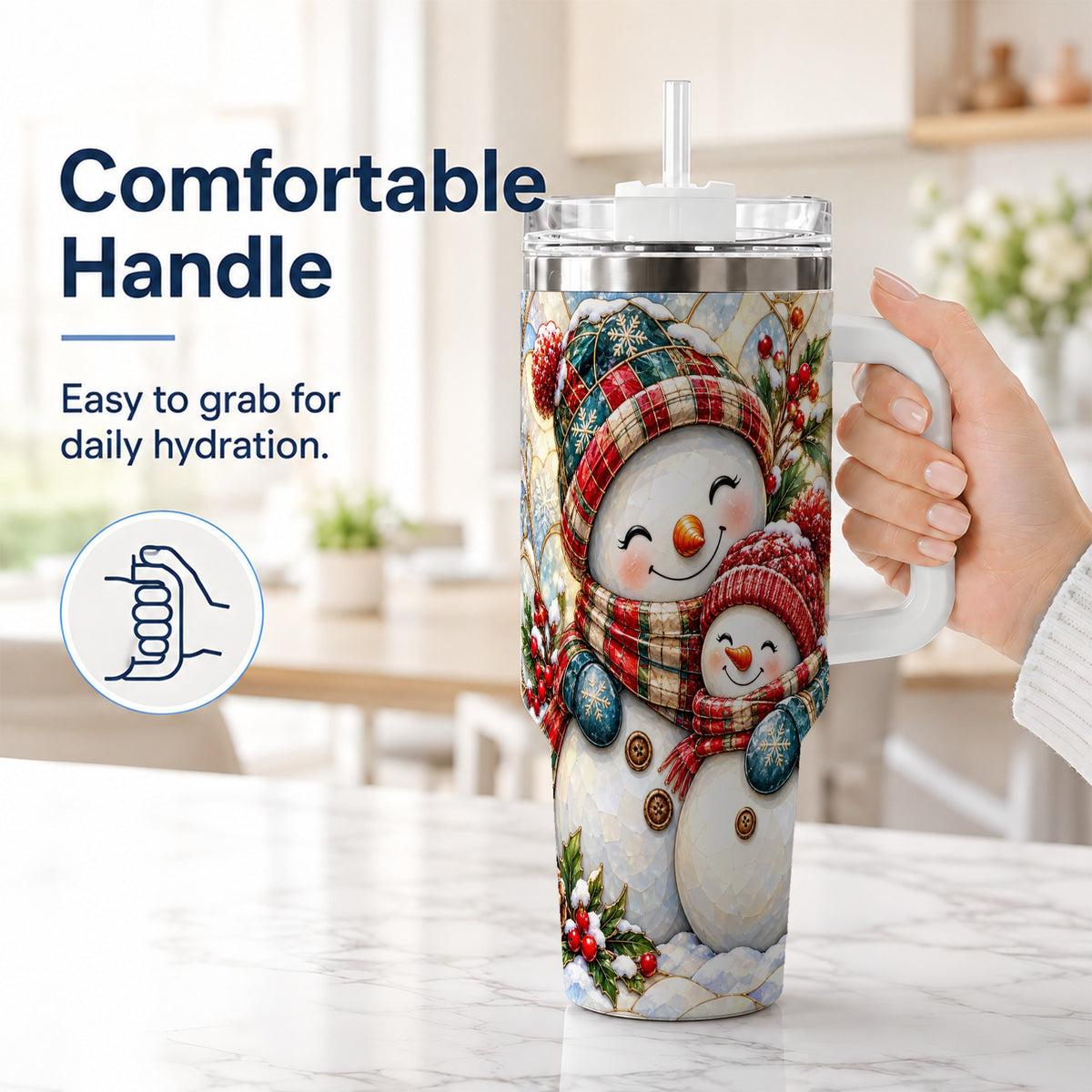 #pl[40oz|White] Snowman Pair 40oz Tumbler, Mosaic Winter Stainless Steel Travel Cup