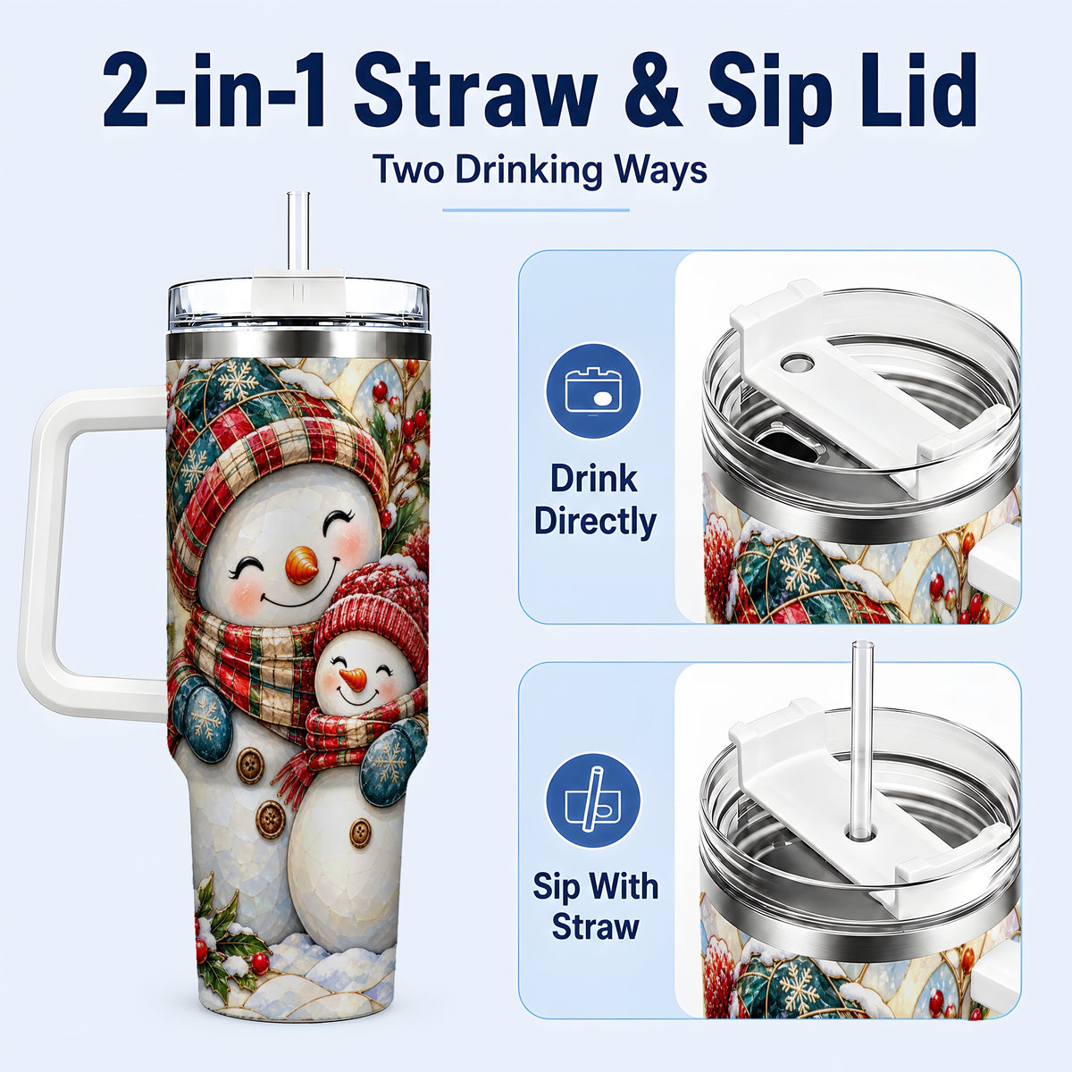 #pl[40oz|White] Snowman Pair 40oz Tumbler, Mosaic Winter Stainless Steel Travel Cup