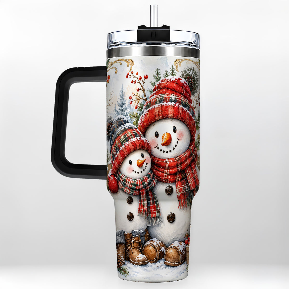 #pl[40oz|Black] Snowman Family 40oz Tumbler, Rustic Winter Stainless Steel Travel Cup