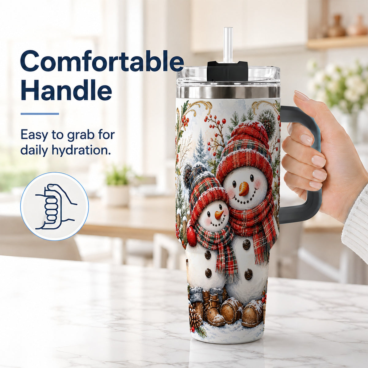 #pl[40oz|Black] Snowman Family 40oz Tumbler, Rustic Winter Stainless Steel Travel Cup
