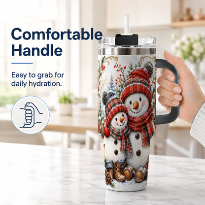 #pl[40oz|Black] Snowman Family 40oz Tumbler, Rustic Winter Stainless Steel Travel Cup