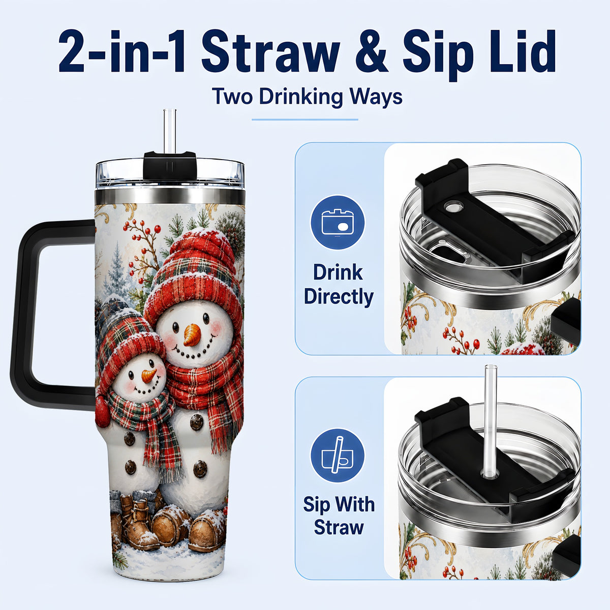 #pl[40oz|Black] Snowman Family 40oz Tumbler, Rustic Winter Stainless Steel Travel Cup