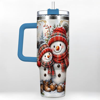 #pl[40oz|Blue] Snowman Family 40oz Tumbler, Rustic Winter Stainless Steel Travel Cup