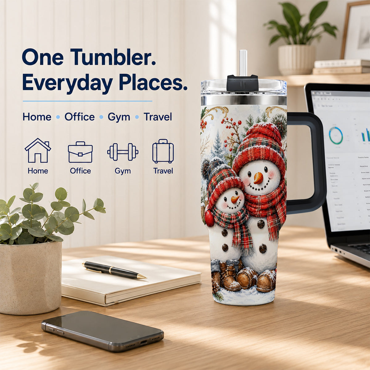 #pl[40oz|Black] Snowman Family 40oz Tumbler, Rustic Winter Stainless Steel Travel Cup