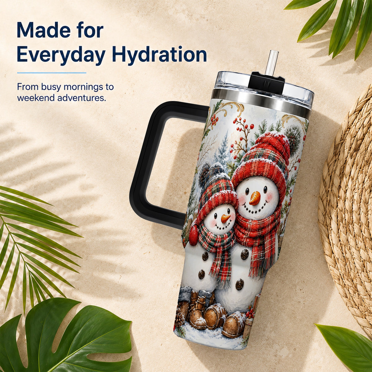 #pl[40oz|Black] Snowman Family 40oz Tumbler, Rustic Winter Stainless Steel Travel Cup